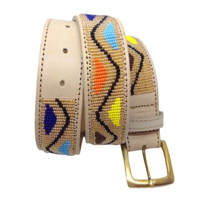 Masai Unisex belt in natural leather and multicolored ceramic beads with black "wave" pattern
