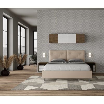 Letto Testata e cuscini con bottoni a scelta giroletto, contenitore o con rete a doghe in similpelle TortoraMisure - 200x200 cm, Scelta rete - Senza Rete