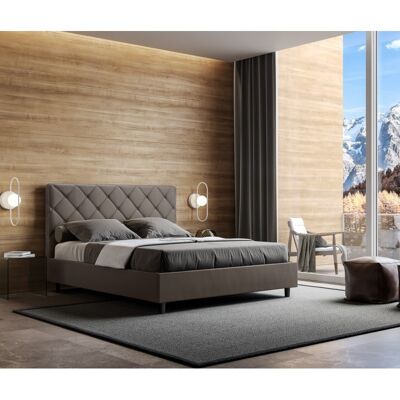 Letto con Testata con bottoni a scelta tra giroletto, contenitore o con rete a doghe in similpelle CappuccinoMisure - 80x200 cm, Scelta rete - Rete a Doghe