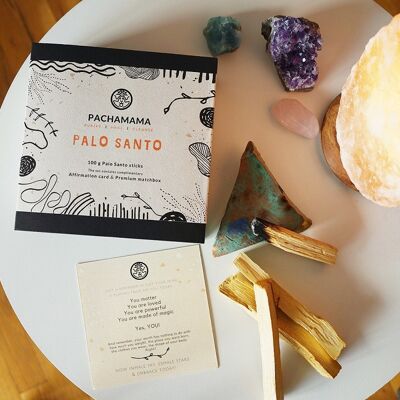 Palo Santo PACHAMAMA caja de regalo con tarjeta inspiradora y cerilla, 100 g ~ 13 uds.