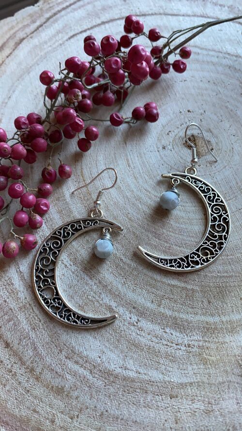 Celestial crystal moon earrings, spiral moon hypoallergenic, hand made to order UK