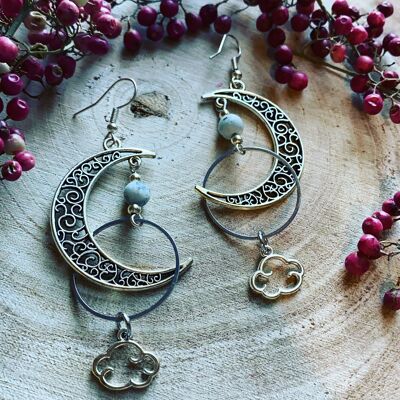 Crescent Moon Earrings with Cloud, Crystals and planets. Celestial Earrings.