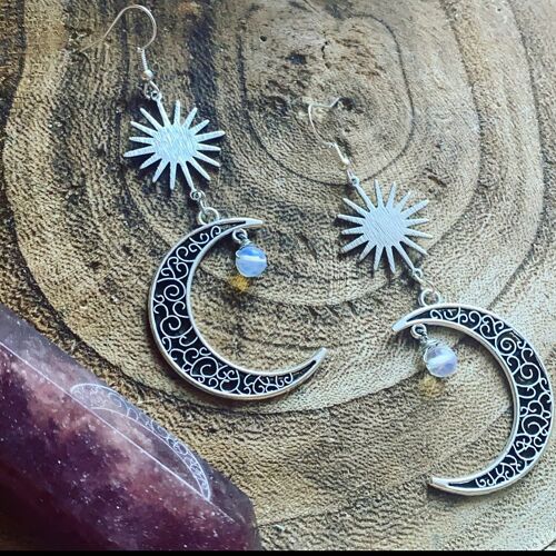 Earrings Crescent Moon and Crystal Quartz earrings with star