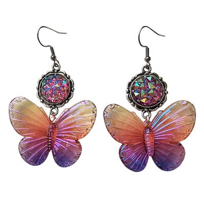 Pendientes de mariposa iridiscente de ensueño - naranja y morado