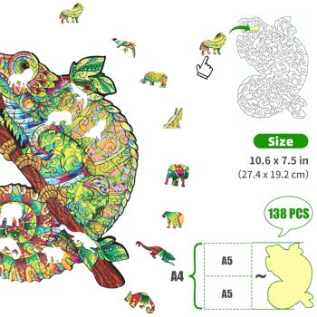 Puzzle en Bois en Forme d'Animal - Thème Caméléon Iridescent - 138 PCS 19.2x27.4 cm 2