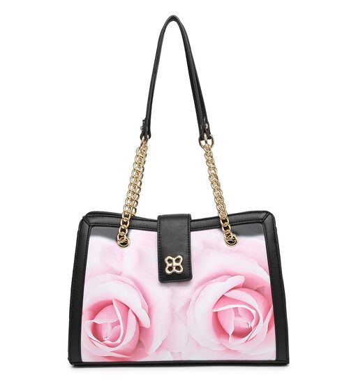 Floral Pattern Feminine Handbag 2 Handles Shoulder bag Smooth PU Leather bag with Detachable Adjustable Strap - A368849m black