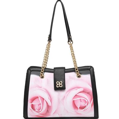 Floral Pattern Feminine Handbag 2 Handles Shoulder bag Smooth PU Leather bag with Detachable Adjustable Strap - A368849m black