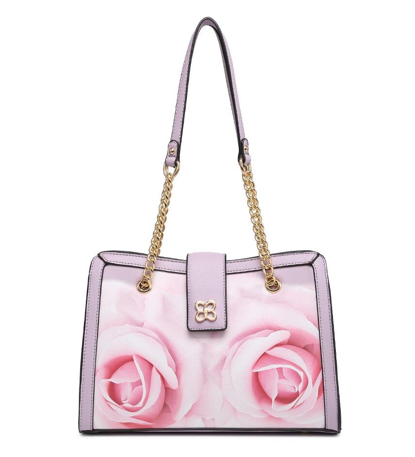 Blumenmuster Feminine Handtasche 2 Griffe Umhängetasche Tasche aus glattem PU-Leder mit abnehmbarem, verstellbarem Riemen - A368849m hellviolett