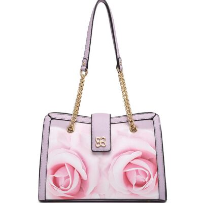 Floral Pattern Feminine Handbag 2 Handles Shoulder bag Smooth PU Leather bag with Detachable Adjustable Strap - A368849m light purple