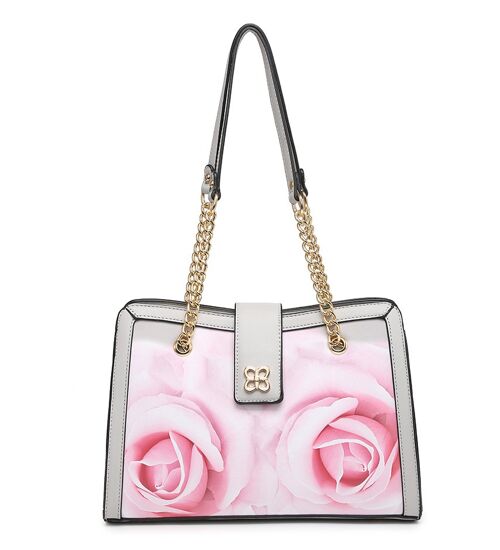 Floral Pattern Feminine Handbag 2 Handles Shoulder bag Smooth PU Leather bag with Detachable Adjustable Strap - A368849m grey