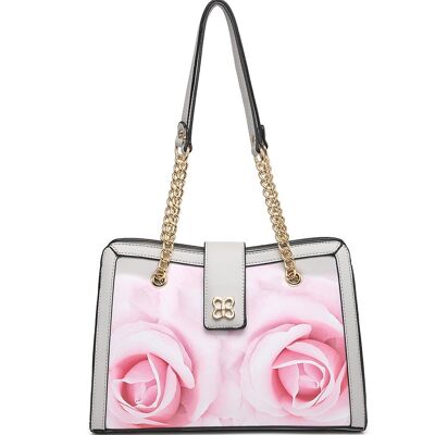 Floral Pattern Feminine Handbag 2 Handles Shoulder bag Smooth PU Leather bag with Detachable Adjustable Strap - A368849m grey