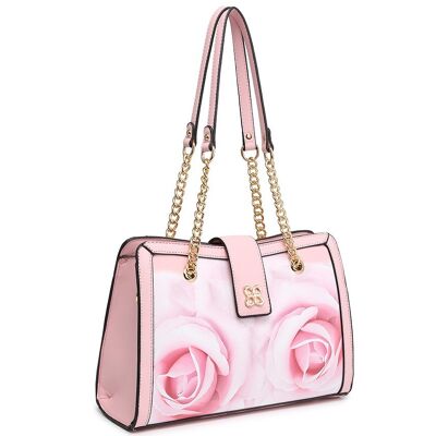 Floral Pattern Feminine Handbag 2 Handles Shoulder bag Smooth PU Leather bag with Detachable Adjustable Strap - A368849m pink