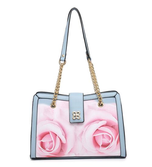 Floral Pattern Feminine Handbag 2 Handles Shoulder bag Smooth PU Leather bag with Detachable Adjustable Strap - A368849m L blue