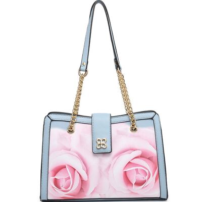 Floral Pattern Feminine Handbag 2 Handles Shoulder bag Smooth PU Leather bag with Detachable Adjustable Strap - A368849m L blue