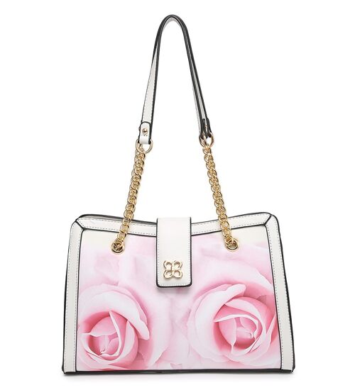 Floral Pattern Feminine Handbag 2 Handles Shoulder bag Smooth PU Leather bag with Detachable Adjustable Strap - A368849m white