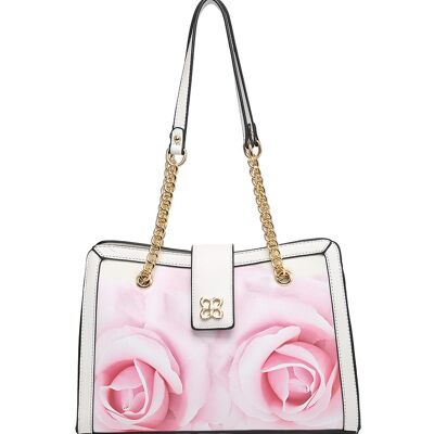 Floral Pattern Feminine Handbag 2 Handles Shoulder bag Smooth PU Leather bag with Detachable Adjustable Strap - A368849m white
