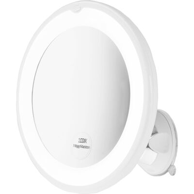 Miroir à ventouse blanc avec grossissement 10x et éclairage LED