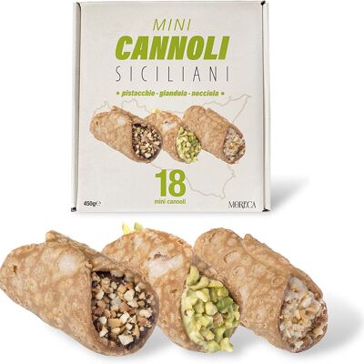 Mini Sicilian Cannoli, stuffed with Pistachio, Gianduia and Hazelnut cream | 18 Mini Cannoli in single portion sachets | Sicilian sweets in elegant sealed packaging