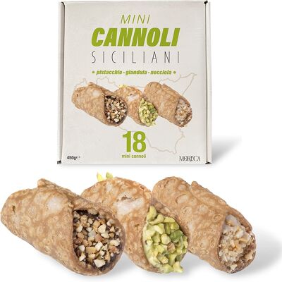 Mini Sicilian Cannoli, stuffed with Pistachio, Gianduia and Hazelnut cream | 18 Mini Cannoli in single portion sachets | Sicilian sweets in elegant sealed packaging