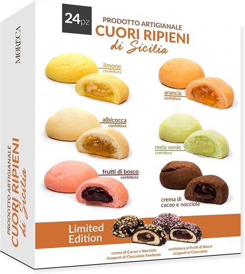 Cuori Ripieni di Sicilia, 24 biscotti monoporzione assortiti | 18 Cuori ripieni di Confettura e 6 Cuori ripieni di Crema, in elegante confezione regalo