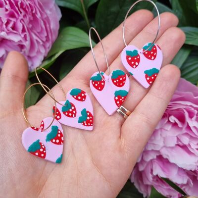 Strawberry Hoop Earrings, Polymer Clay Strawberry Earrings