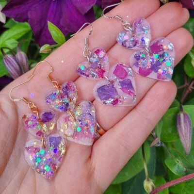 Double Heart Earrings, Heart Flower Earrings, Real Flower Earrings Dangle, Pink Purple Flower Earring