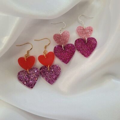 Glitter Pink Heart Drop Earrings