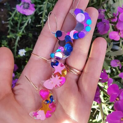 Moon Confetti Glitter Sequin Colourful Bright Hoop Resin Earrings