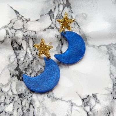 Statement Blue Moon Gold Glitter Star Resin Earrings