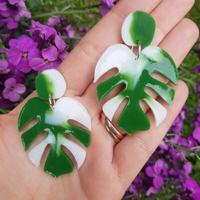 Albo Green White Marble Monstera Earrings Leaf Resin Stud