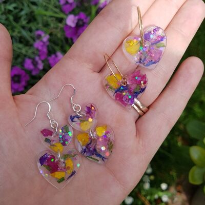 Real Flower Confetti Rainbow Petal Pressed Dried Flower Resin Dangle Hoop Earrings