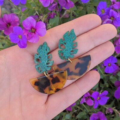 Palm Tree Leaf Tropical Plant Tortoise Shell Resin Acrylic Dangle Statement Earrings