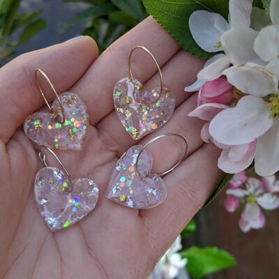 Real Flower Cherry Blossom Heart Hoop Resin Gold Silver Earrings, Flower Lover Gift For Mum, Pressed Flower Earrings