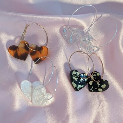 Heart Hoop Hooks Earrings Resin Tortoise shell Transparent Green Silver Gold