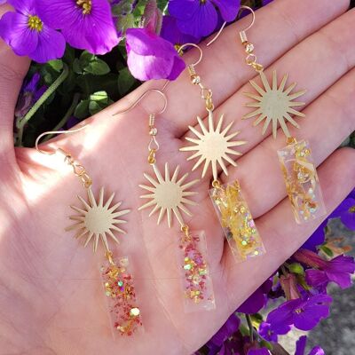 Real Flower Red Yellow Petal Pressed Botanical Sun Gold Earrings