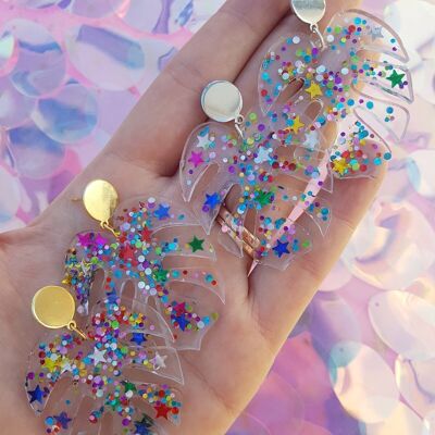 Sparkly Glitter Monstera Earrings