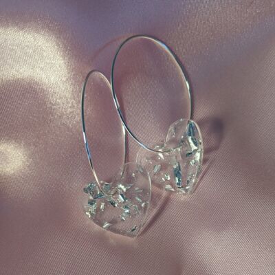 Transparent Resin Silver Foil Hoop Earrings Heart Charm