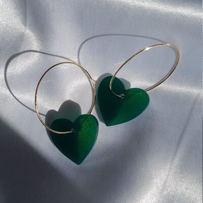 Transparent Dark Green Resin Hoop Earrings Heart Charm