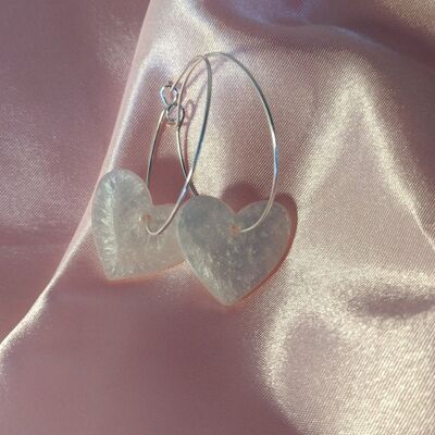 Silver Heart Hoop Earrings With Resin Pearl Charm