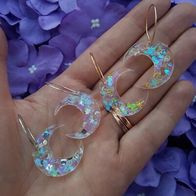 Moon Hoop Silver Gold Holographic Earrings
