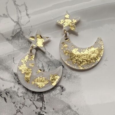 Star and Moon Celestial Gold Foil Flake Statement Resin Earrings