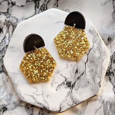Statement Gold Glitter Hexagon Festival Resin Earrings