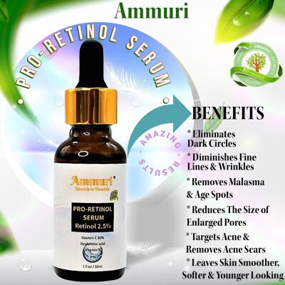 Ammuri Sérum Anti-âge 2,5% Pro Rétinol Acide hyaluronique Vitamine C + E