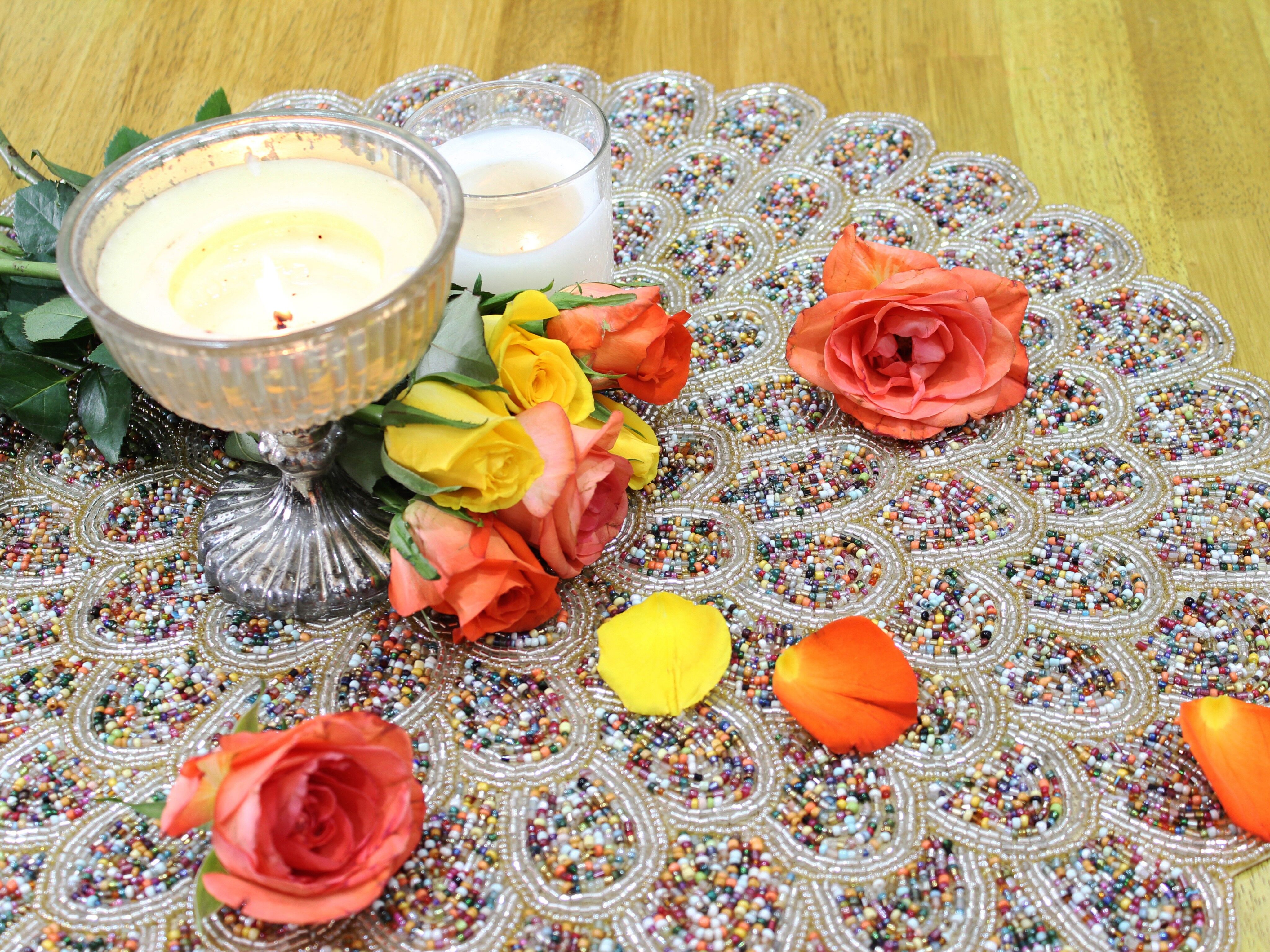 Assorted Case of Large Round Handmade Centre Piece. 2 x White Accent Multicoloured Petal, 2 x Black Accent Multicoloured Petal, 2 x Silver Shimmer Multicoloured Petal.