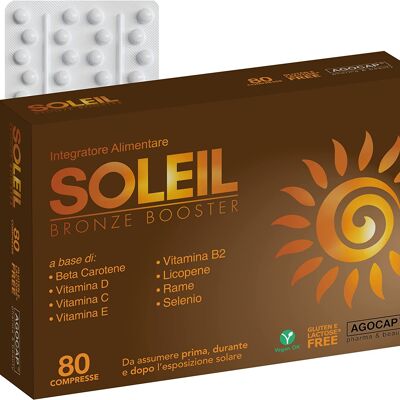 Soleil tanning supplement | 80 tablets with Betacarotene, Copper, Selenium, Lycopene, Vitamins C, D, E, B. Tanning activator Prepares, accelerates and keeps the skin golden. Stimulates melanin
