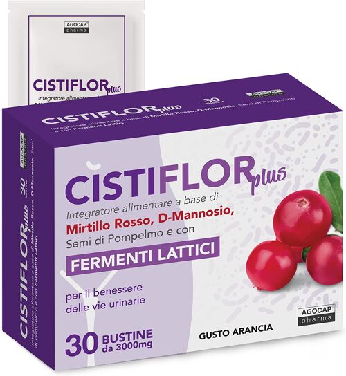 Cistiflor Plus per Cistite, Candida, Infezioni Vie Urinarie a base di D-Mannosio, Mirtillo Rosso, Fermenti Lattici probiotici, Inulina, Semi di Pompelmo