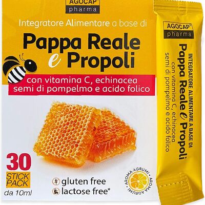 Royal Jelly and Propolis, 30 stick packs, with a pleasant citrus taste | with Vitamin C, Echinacea, Grapefruit Seeds and Folic Acid | Agocap, immune system