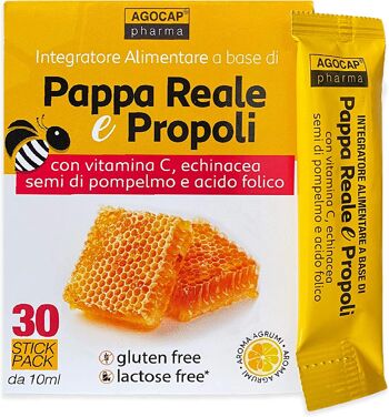 Gelée Royale et Propolis, 30 sticks, au goût agréable d'agrumes | avec vitamine C, échinacée, pépins de pamplemousse et acide folique | Agocap, système immunitaire 1