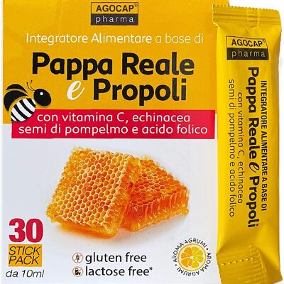 Pappa Reale e Propoli, 30 stick pack, al piacevole gusto agrumato | con Vitamina C, Echinacea, Semi di Pompelmo ed Acido Folico | Agocap, sistema immunitario