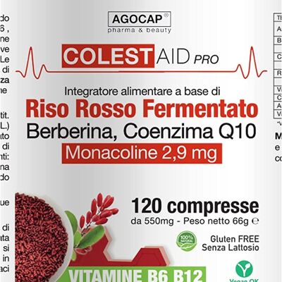Colestaid Pro a base di Riso Rosso Fermentato, Berberina, Monacolina K, Cardo Mariano, Coenzima Q10 | Vitamine B6, B12 e Acido Folico
